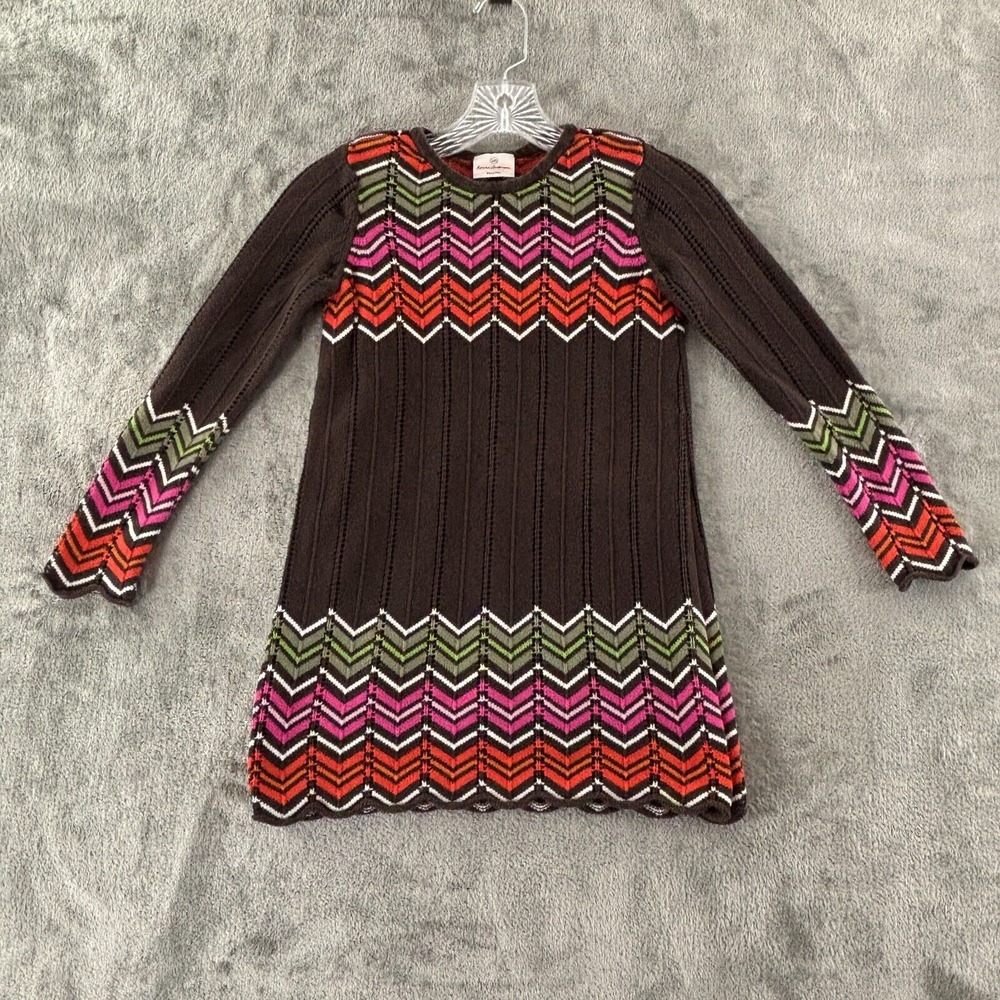 Hanna Andersson Zig Zag Knit Sweater‎ Dress Girls 120 US 6-7 Brown Long Sleeve